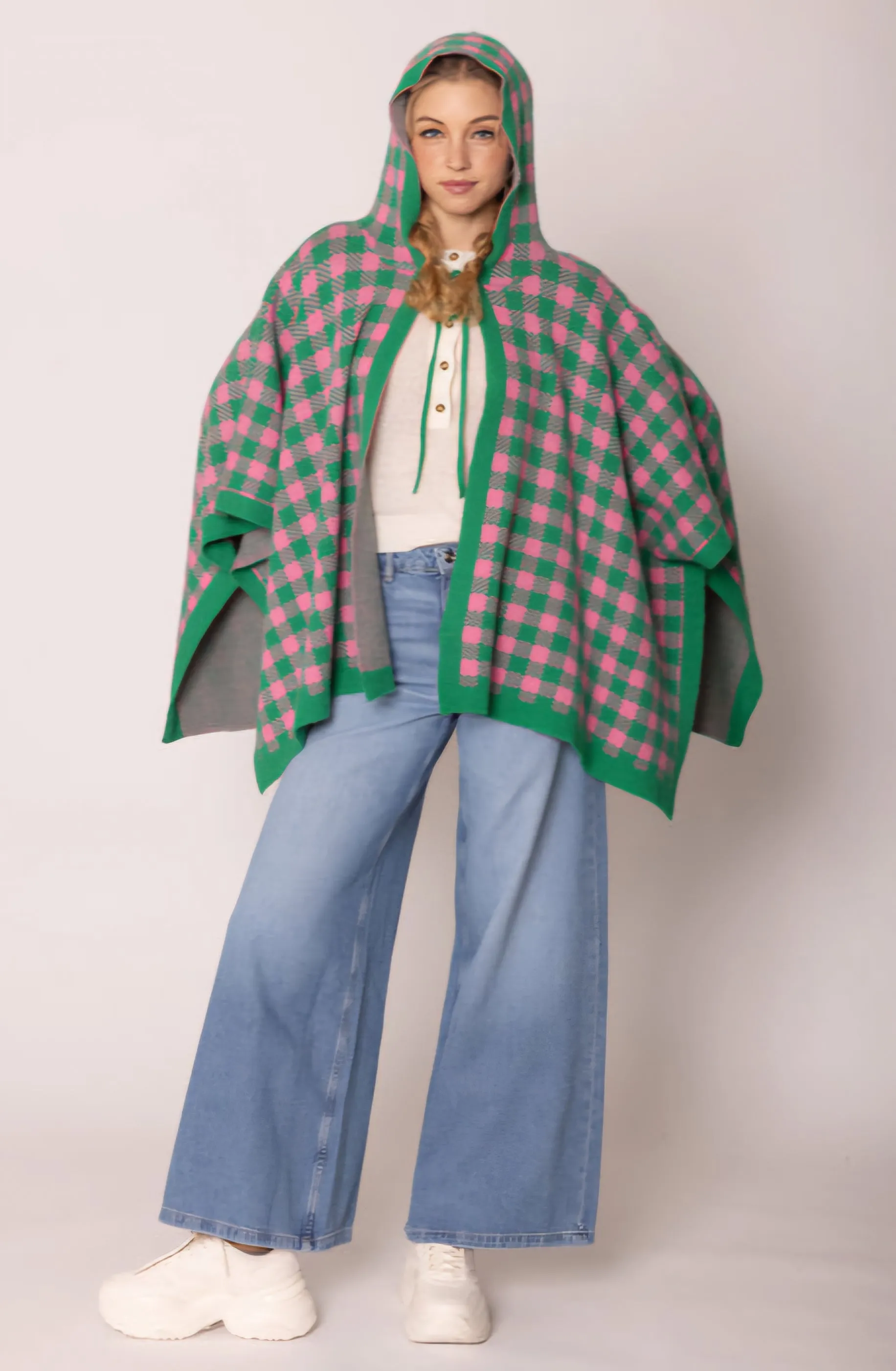 AKA Sorority Checkered Knit Pink and Green Cape