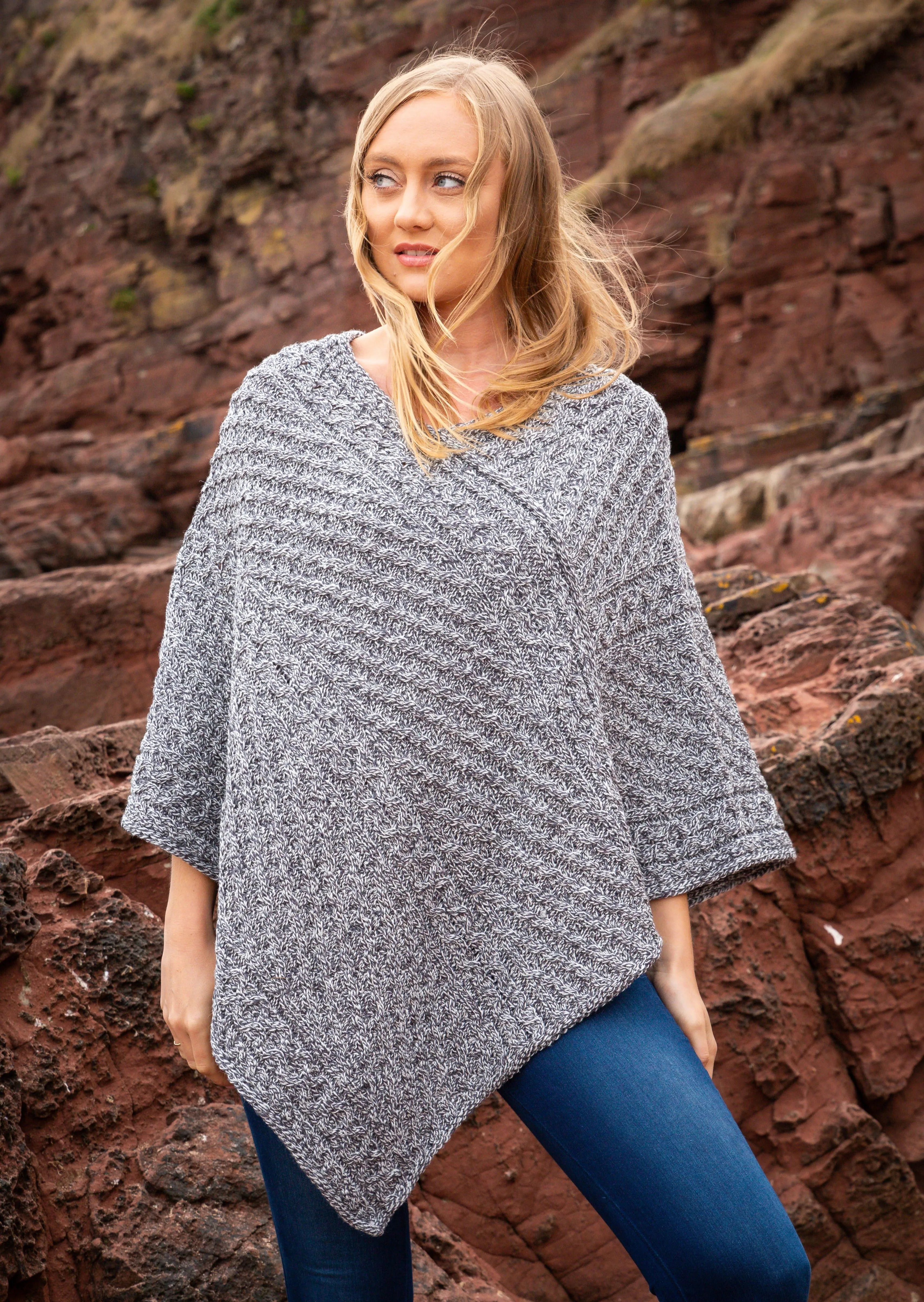 Aran Merino Wool V Poncho | Charcoal Marl