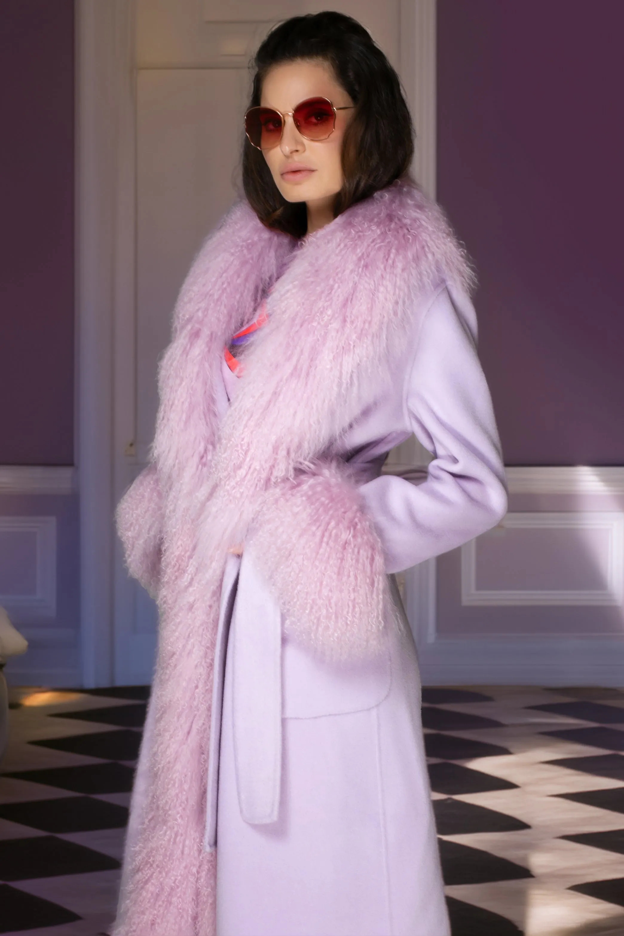 AW Coat - Light Purple Cashmere & Mongolian Fur