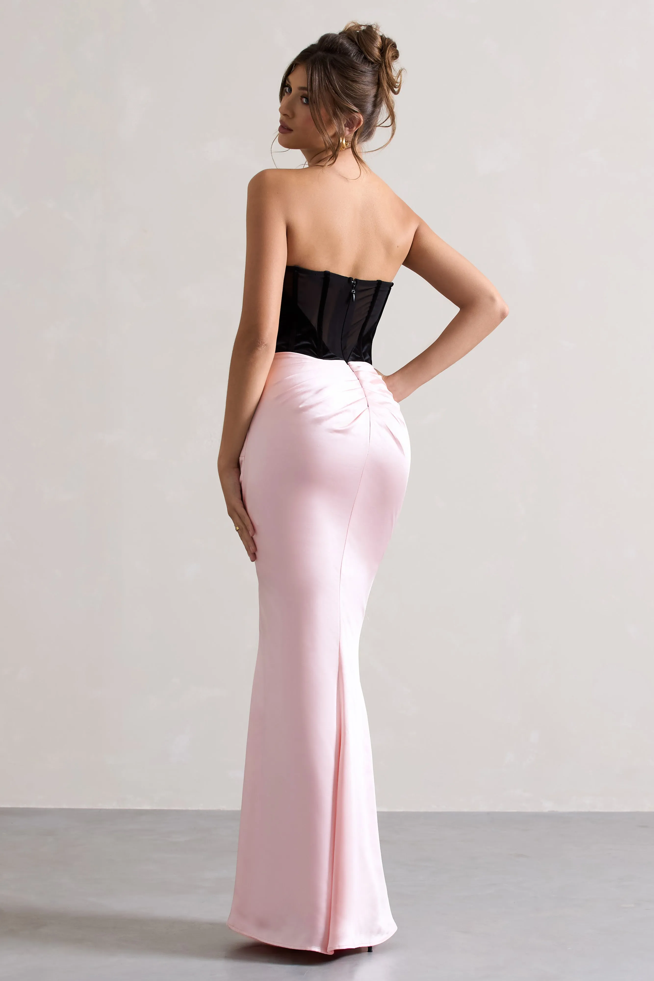 Bethany | Black & Pink Corseted Wrap Maxi Dress