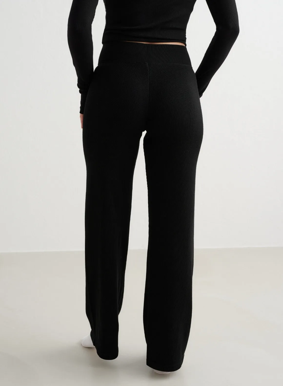 Black Ribbed Wool Wide Pants