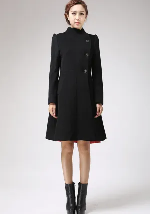 Black Winter Coat with Asymmetric Button Closure - Luxury Cashmere Wool Classical Jacket 715#