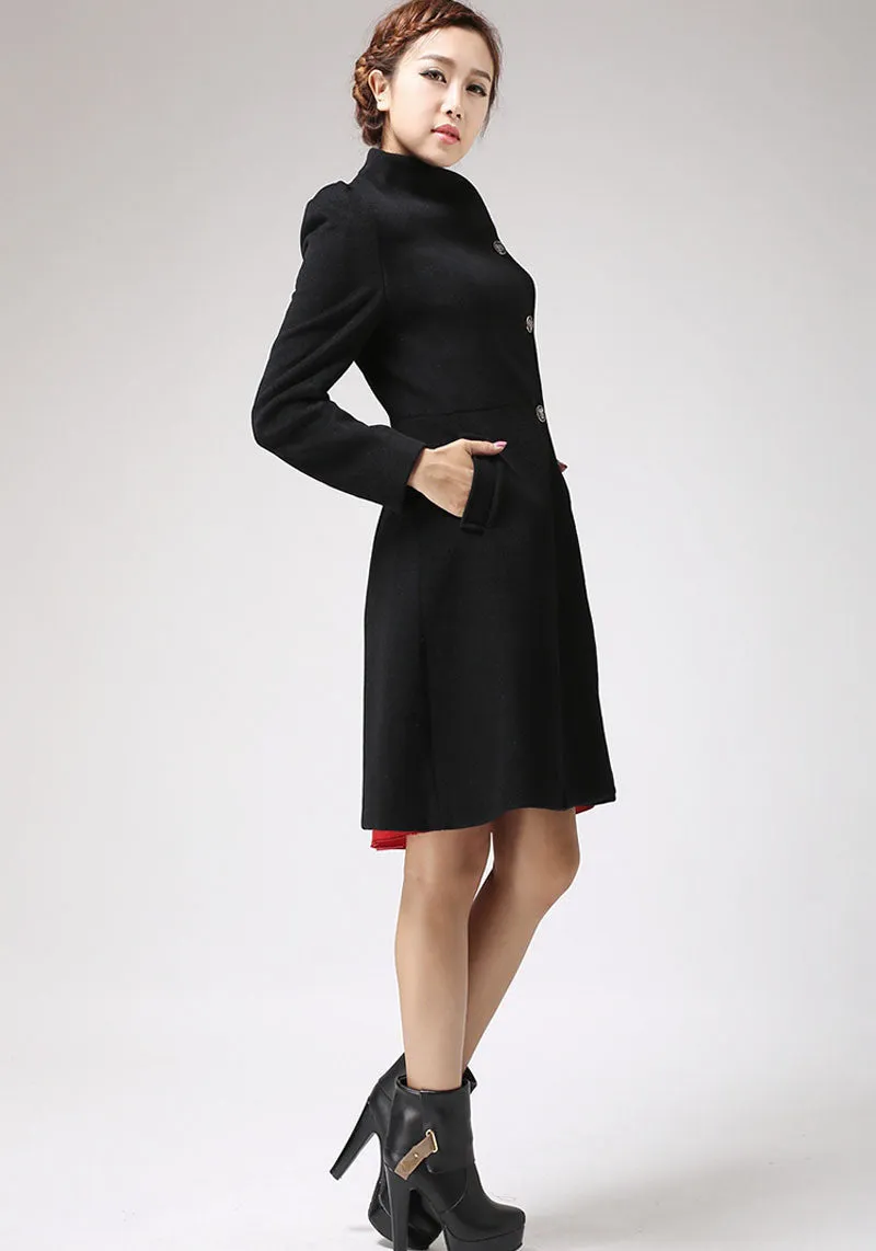 Black Winter Coat with Asymmetric Button Closure - Luxury Cashmere Wool Classical Jacket 715#