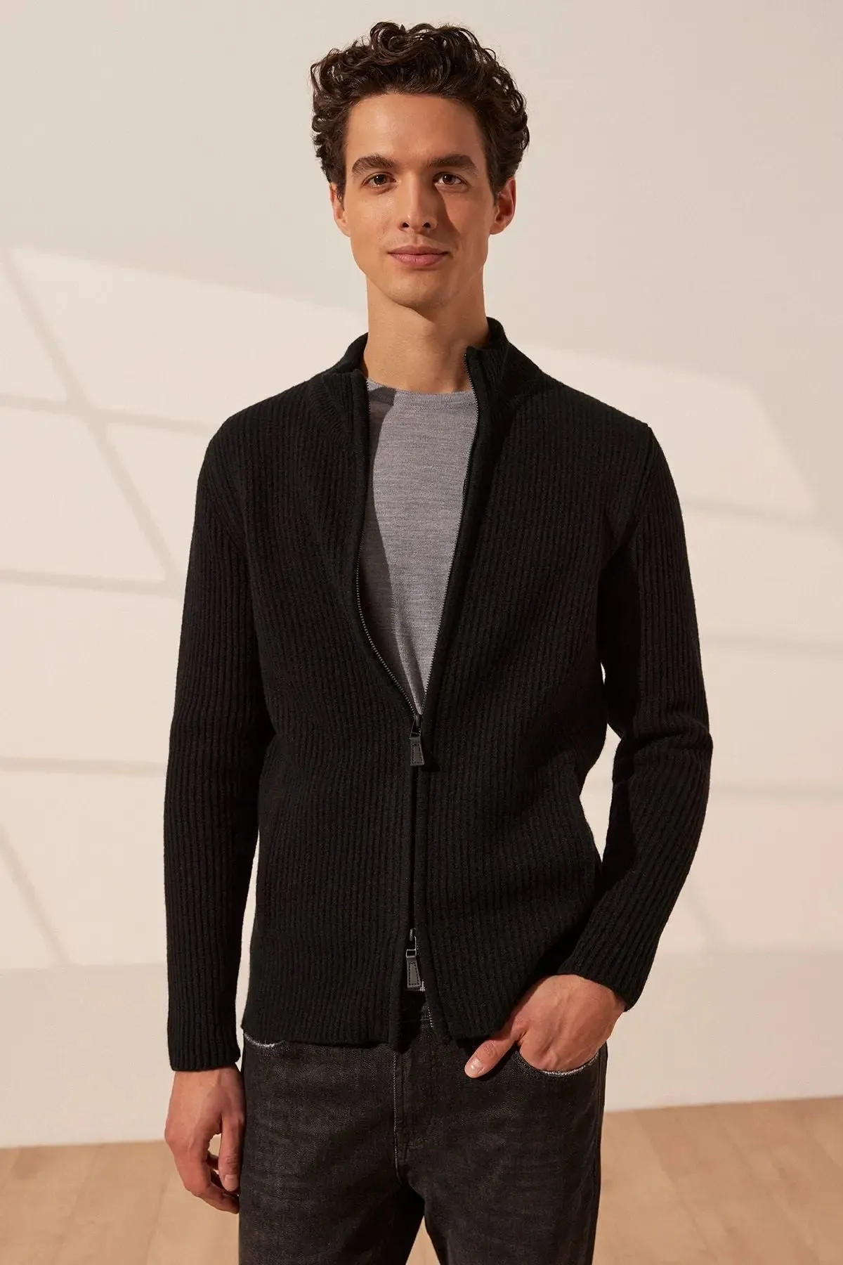 Black Wool Fabio Turtleneck Men's Cardigan