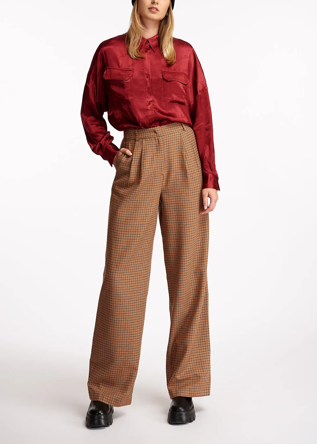 Brown checked wide-leg pants