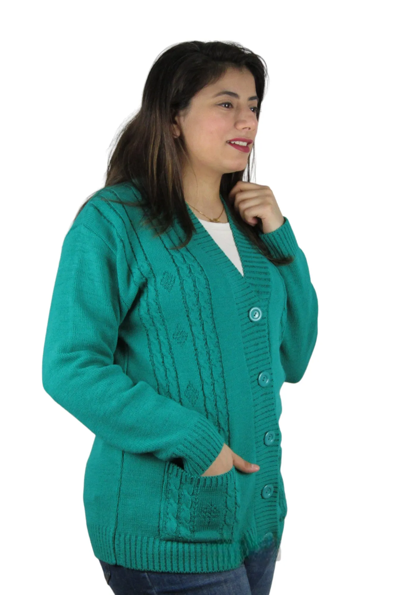 Cable Knit Long Sleeve Open Front Knitted Button Cardigan Pocket Jumper Sweater Top