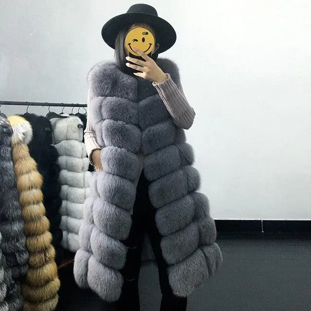 Casual Warm Slim Sleeveless Long Faux Fox Fur Jacket