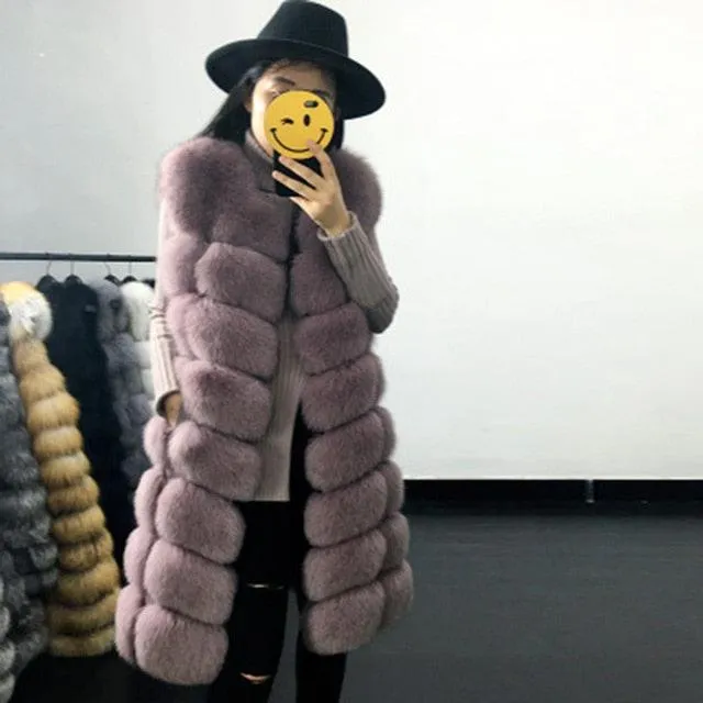 Casual Warm Slim Sleeveless Long Faux Fox Fur Jacket