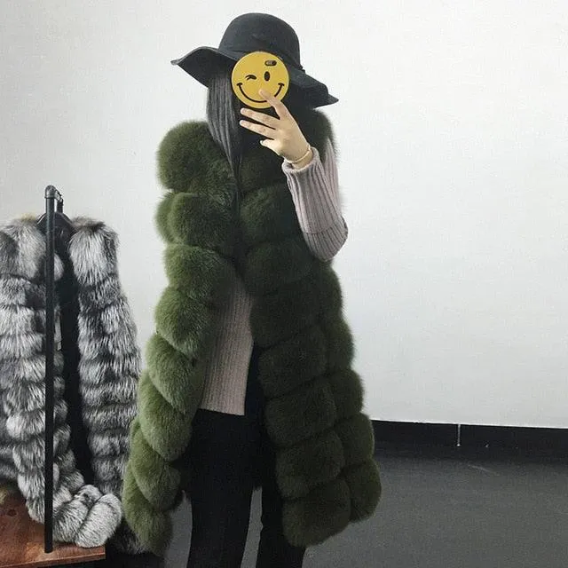 Casual Warm Slim Sleeveless Long Faux Fox Fur Jacket