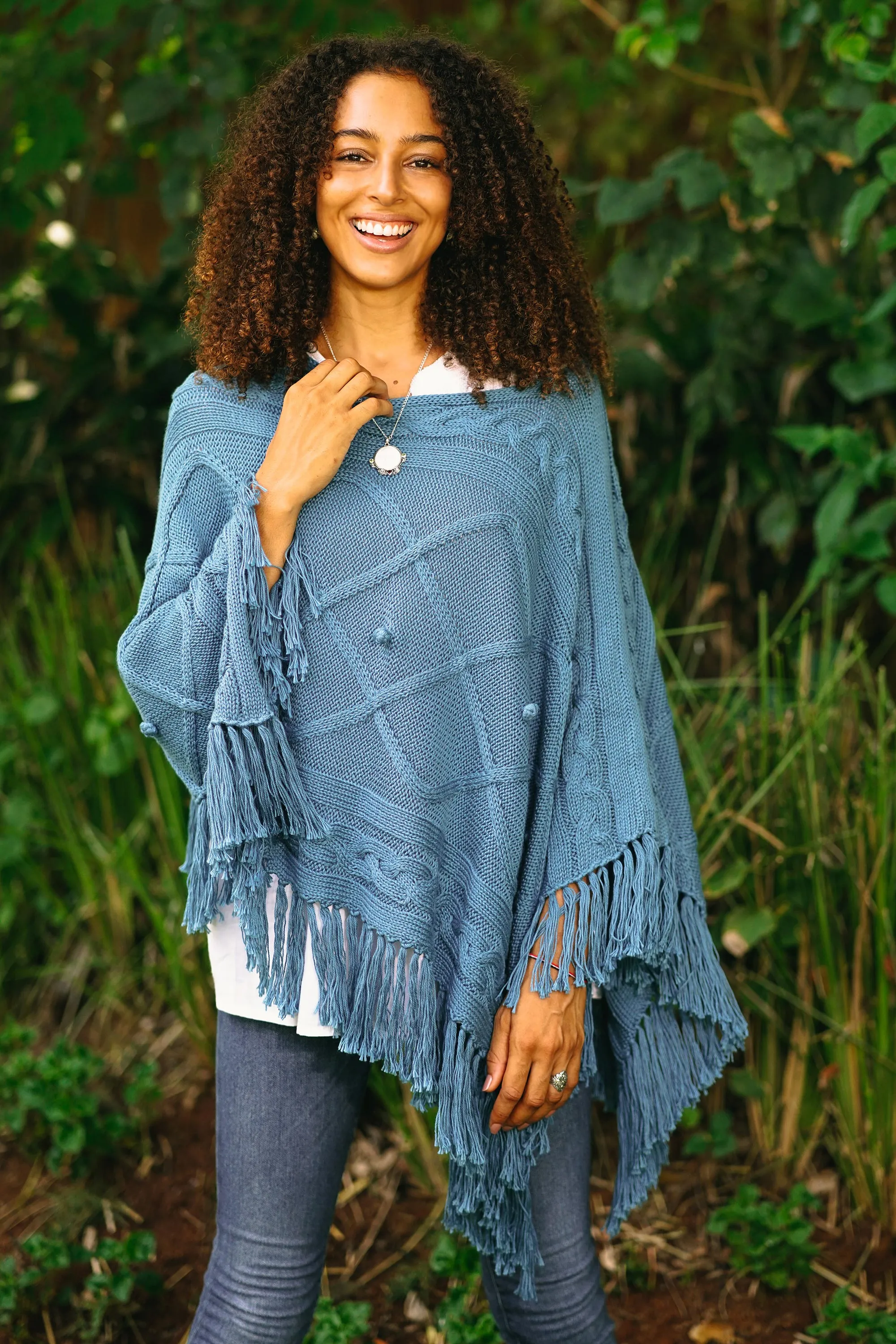 Charming Knit in Cerulean Short Knit Cotton Poncho in Cerulean from Thailand