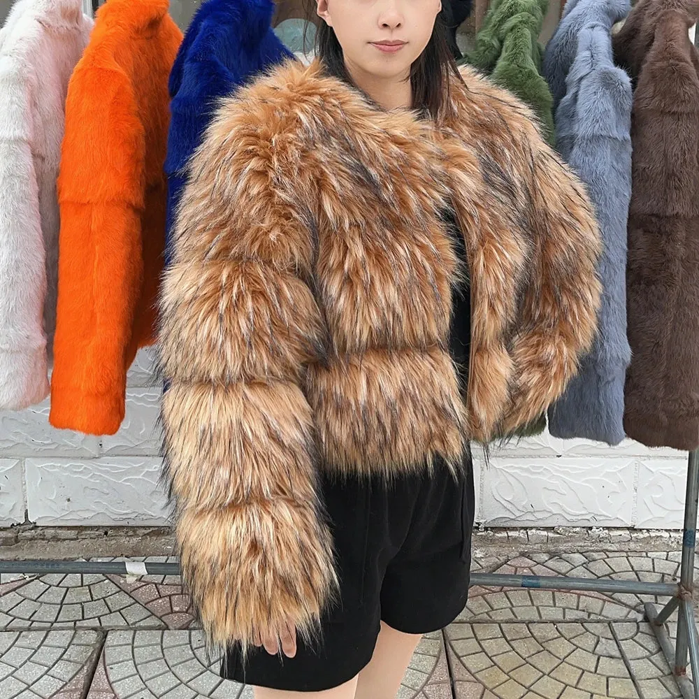 Chelsey Faux Fur Jacket  Warm Thick fox fur Raccoon Leather