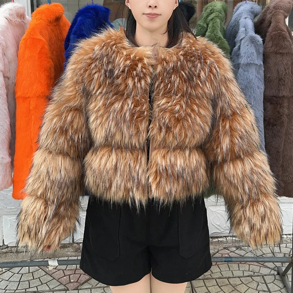 Chelsey Faux Fur Jacket  Warm Thick fox fur Raccoon Leather