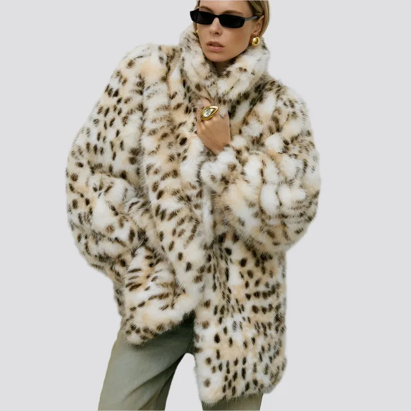 Chic Long Leopard Fox Fur Coat