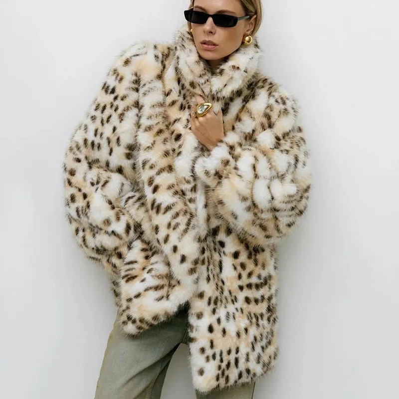 Chic Long Leopard Fox Fur Coat