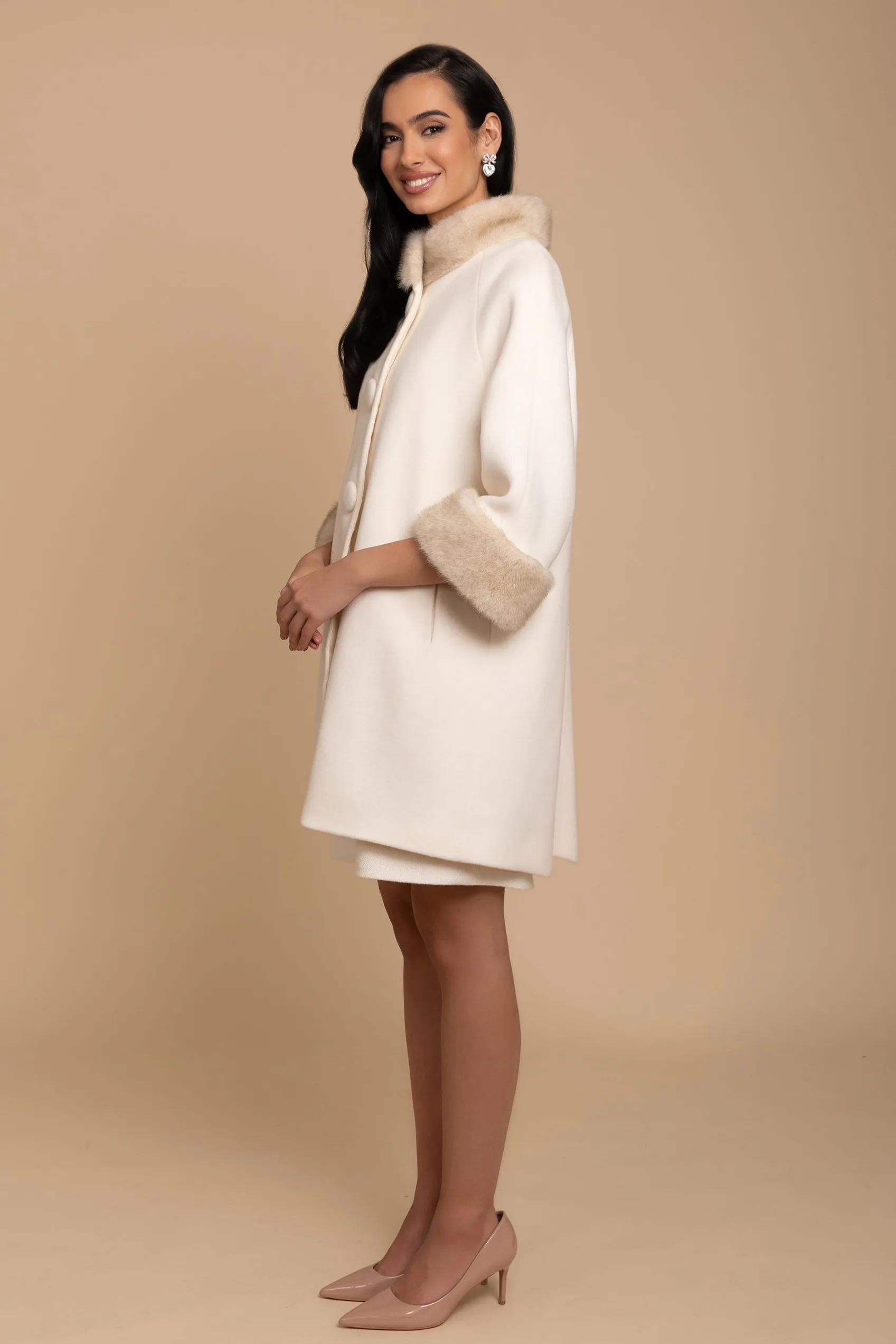 'Demure' Italian Virgin Wool and Cashmere Coat with Faux Mink