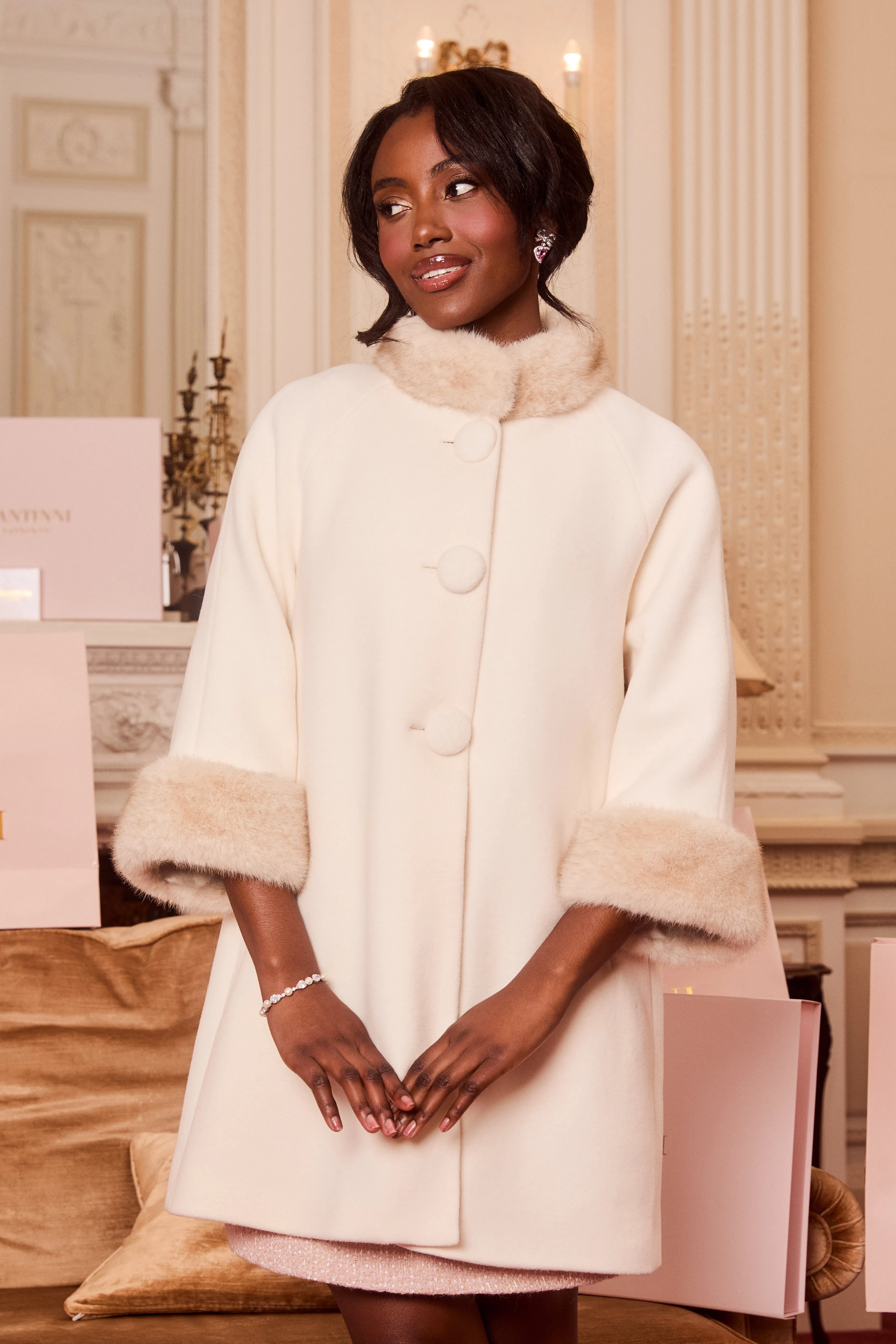 'Demure' Italian Virgin Wool and Cashmere Coat with Faux Mink