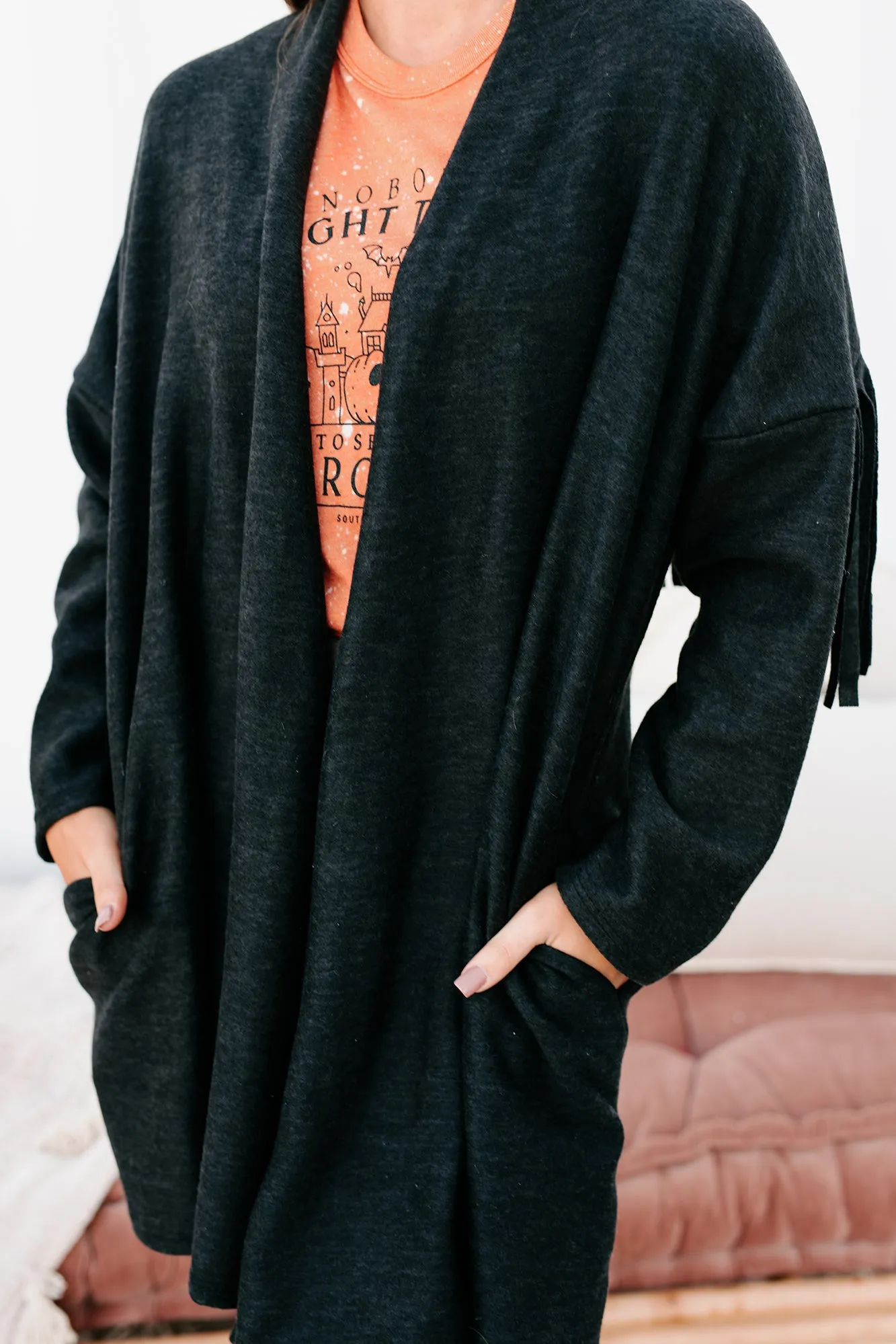 Eternal Hope Fringe Back Cardigan (Charcoal)