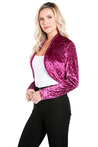 Fashion Secrets Women`s Collarless Velvet Velour Bolero Shrug Cardigan