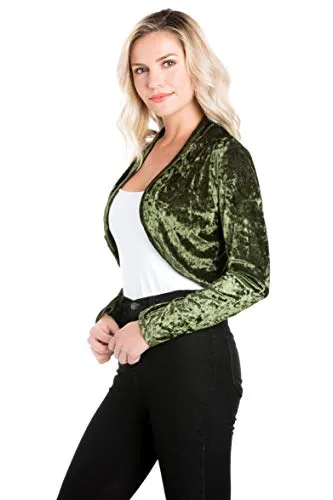 Fashion Secrets Women`s Collarless Velvet Velour Bolero Shrug Cardigan