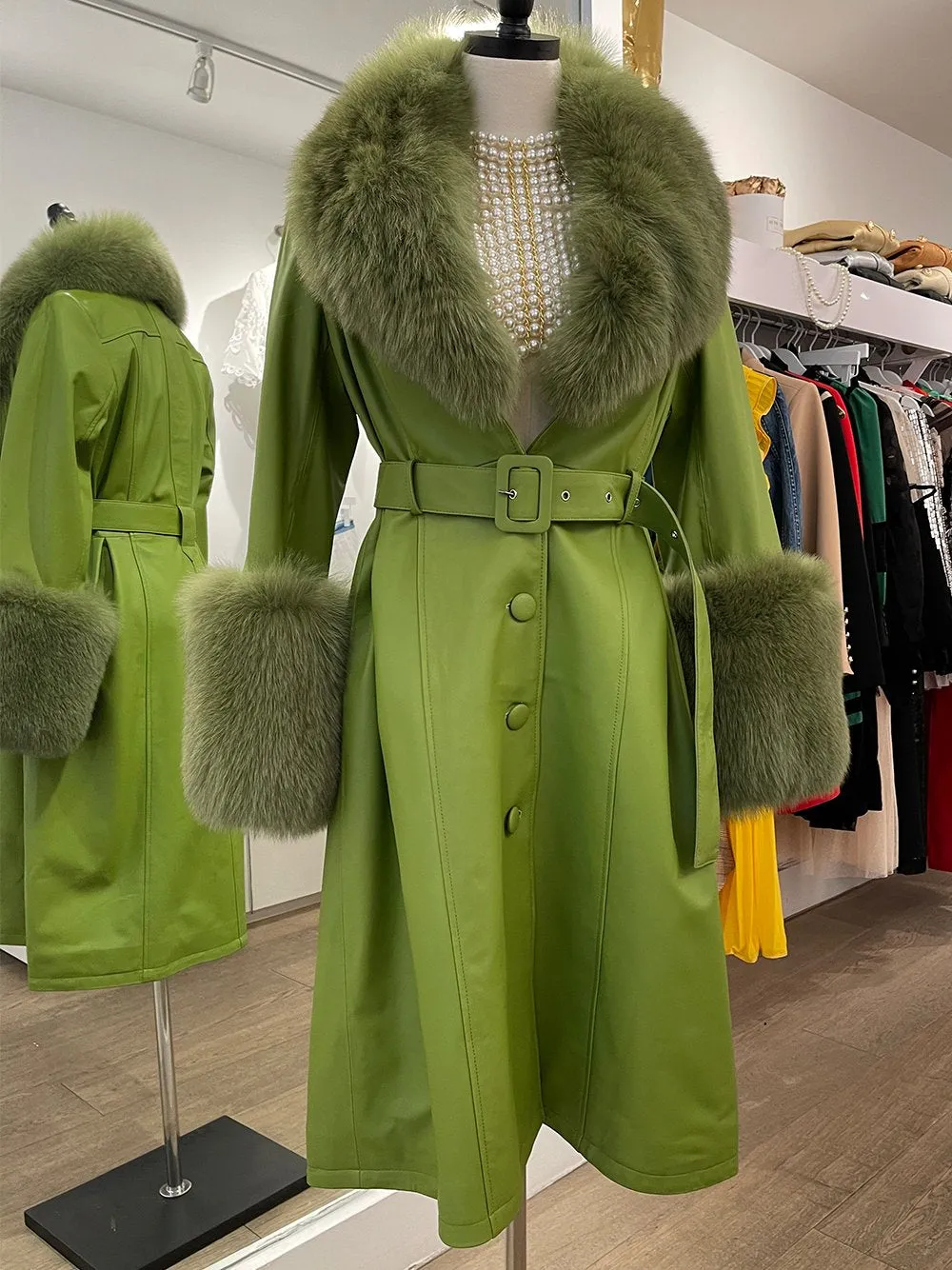 Faux Fur Genuine Leather Coat In Lime Green