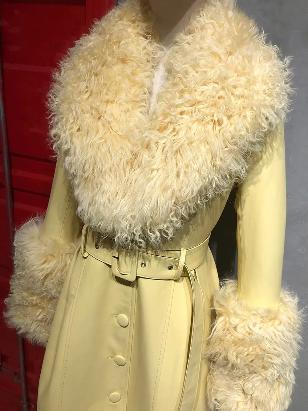 Faux Fur Genuine Leather Coat in Yellow