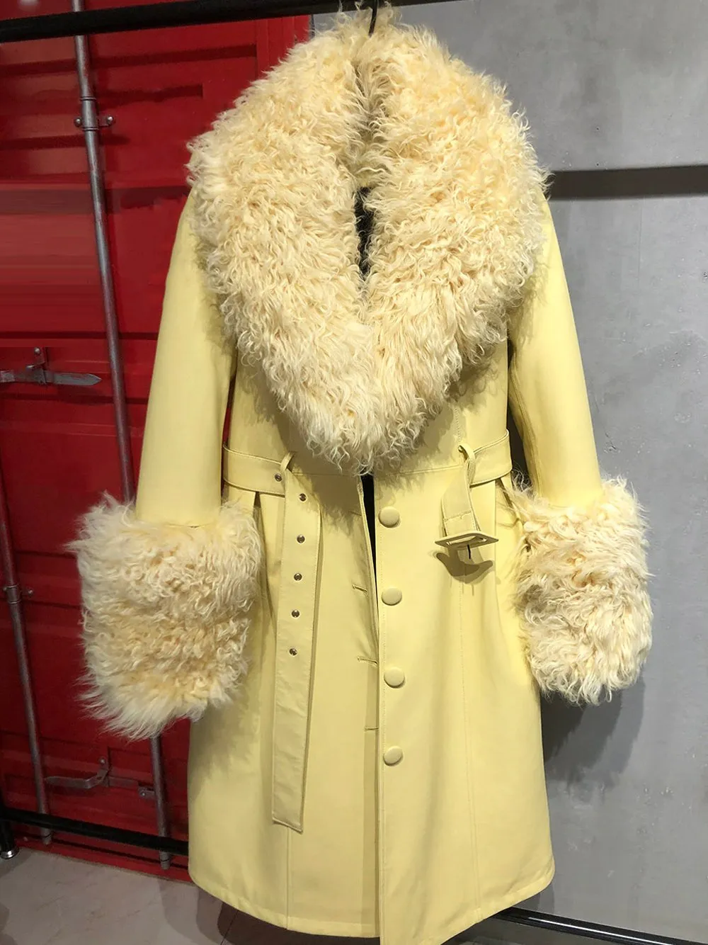 Faux Fur Genuine Leather Coat in Yellow