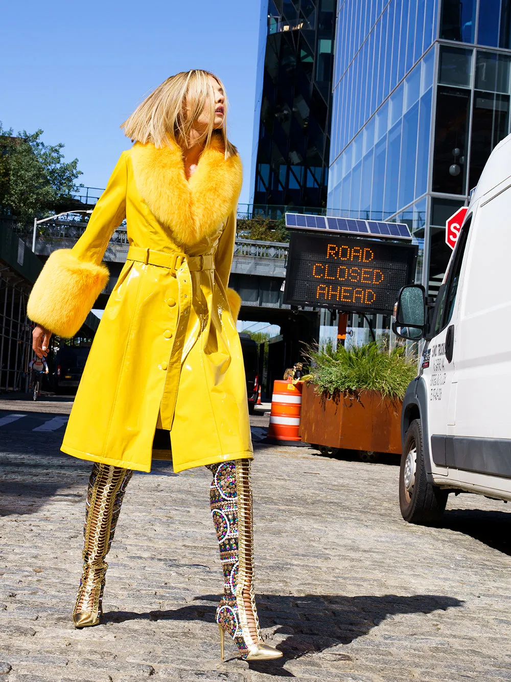 Faux Fur Genuine Patent Leather Coat in Yellow