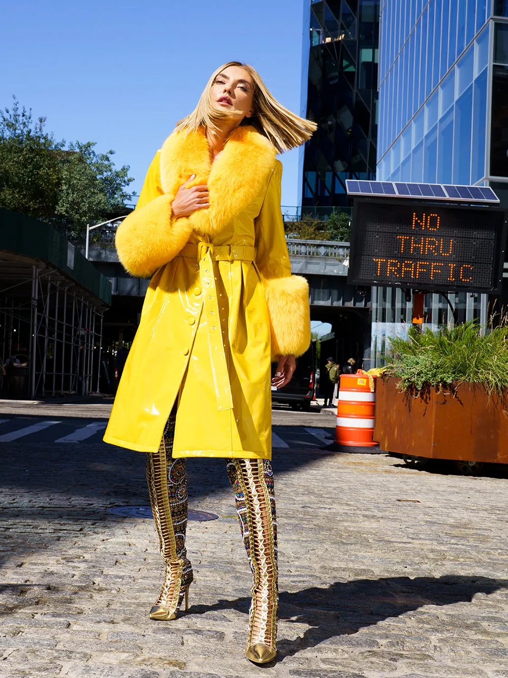 Faux Fur Genuine Patent Leather Coat in Yellow