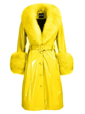 Faux Fur Genuine Patent Leather Coat in Yellow