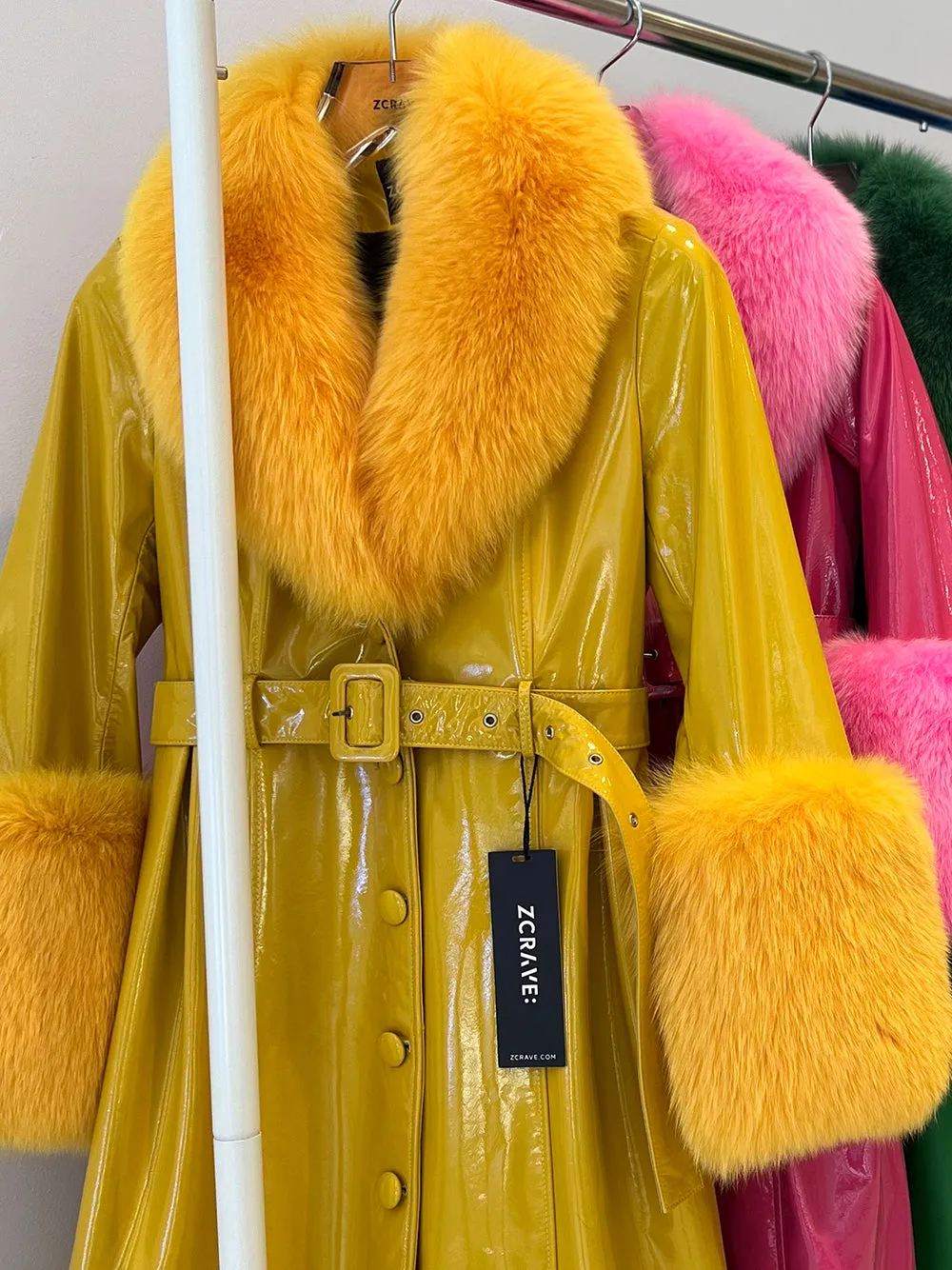 Faux Fur Genuine Patent Leather Coat in Yellow