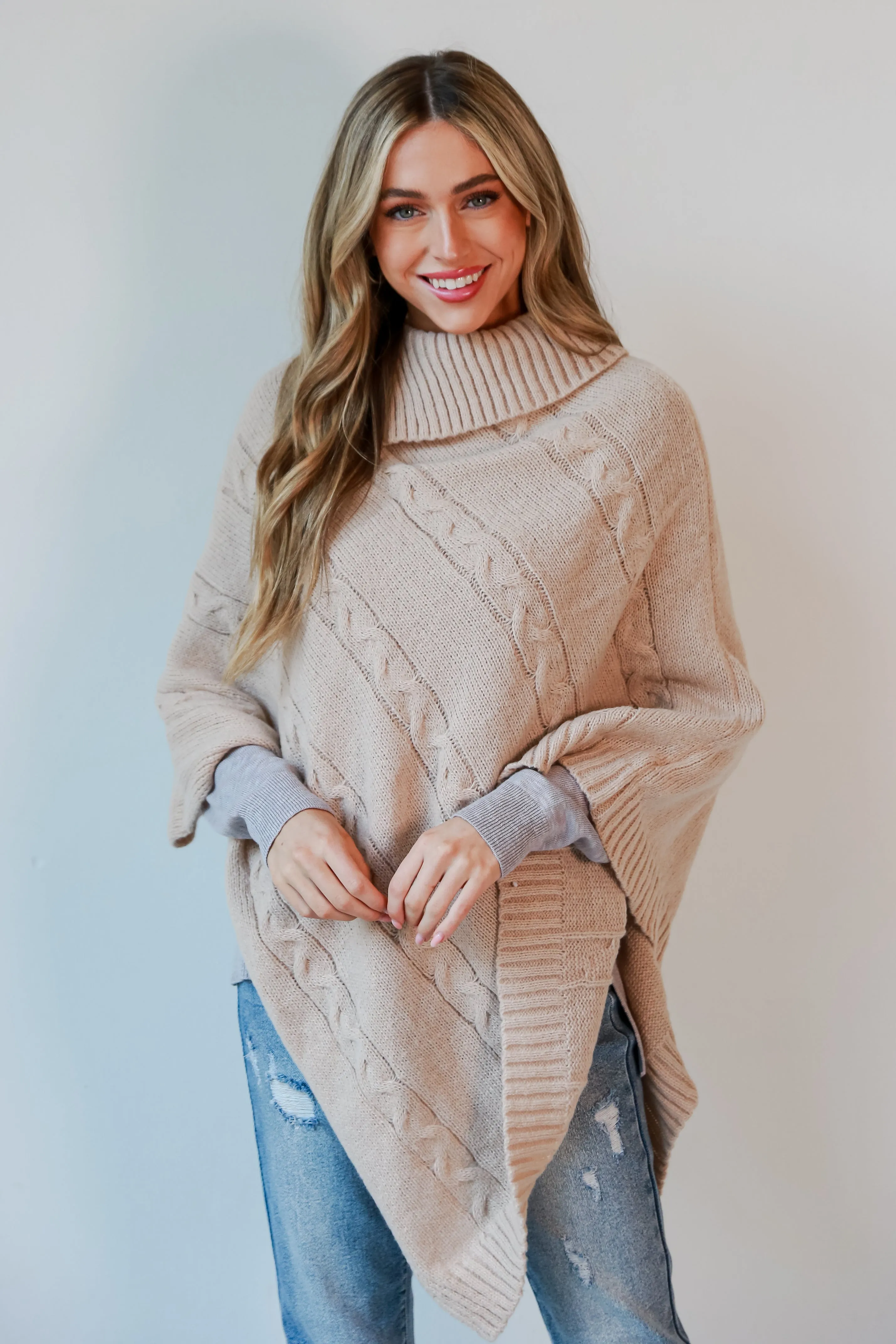 FINAL SALE - Coziest Pick Beige Cable Knit Poncho - DOORBUSTER