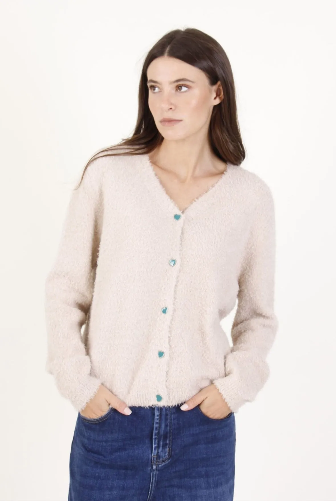 Fleece Heart Button Cardigan