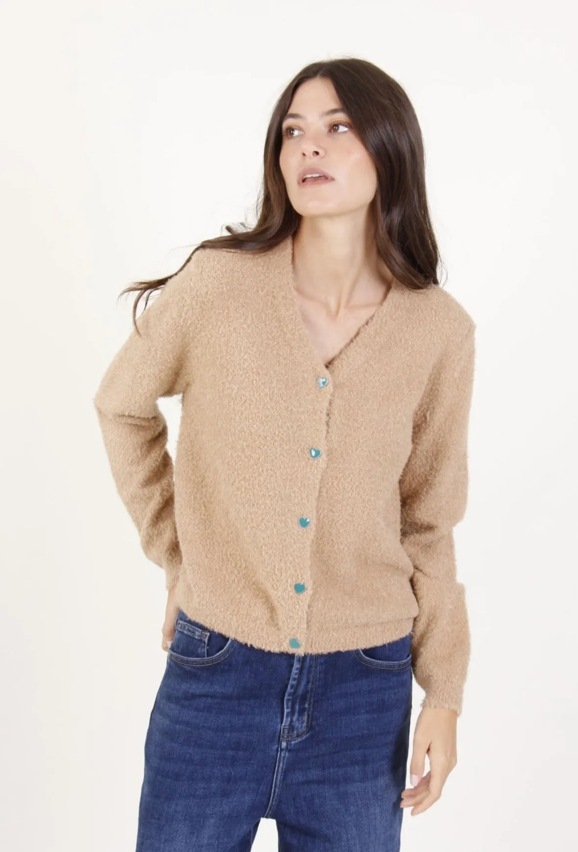 Fleece Heart Button Cardigan