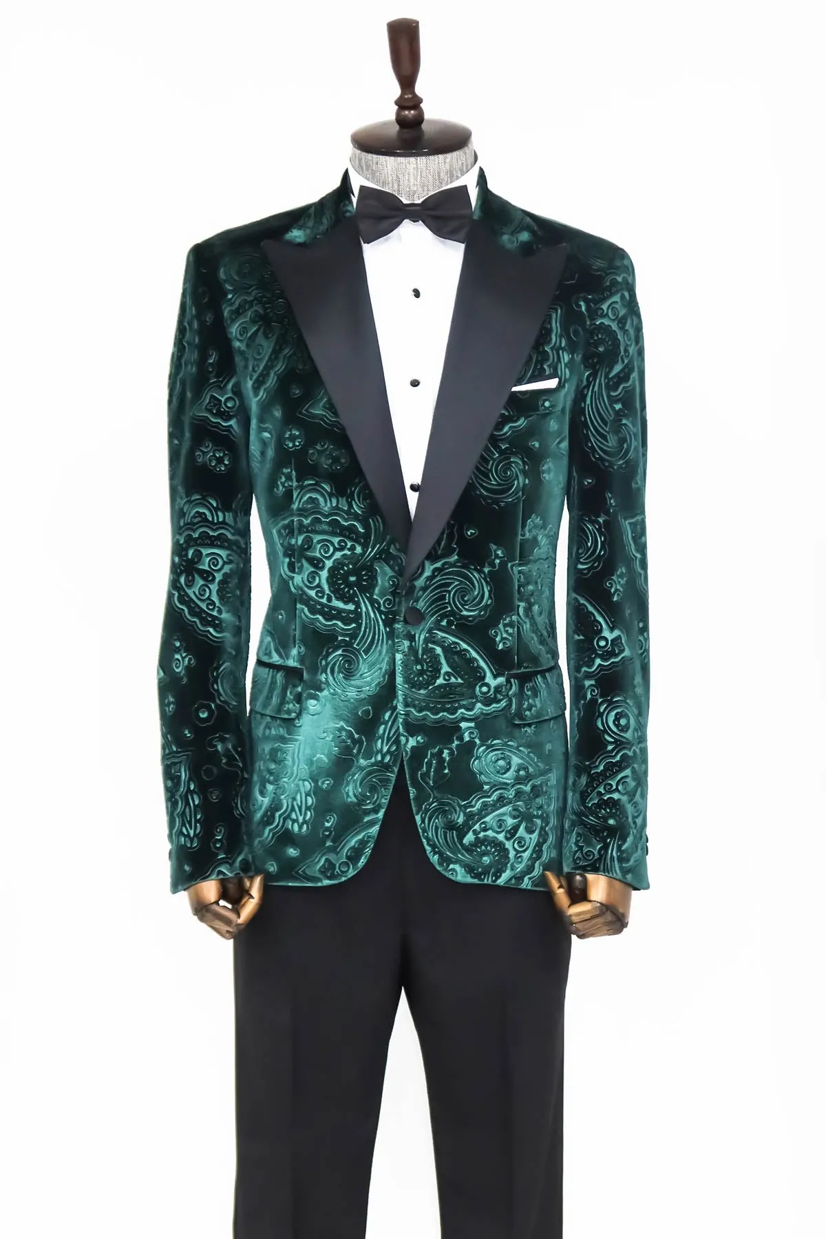 Floral Patterned Velvet Green Men Evening Jacket - Wessi