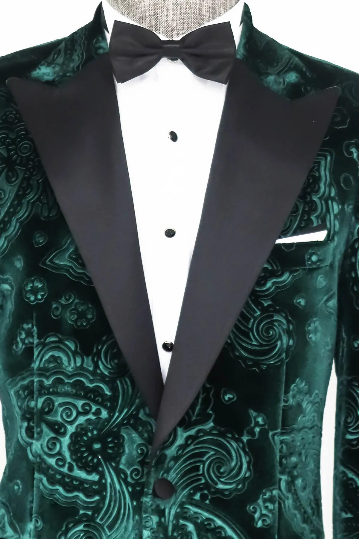 Floral Patterned Velvet Green Men Evening Jacket - Wessi