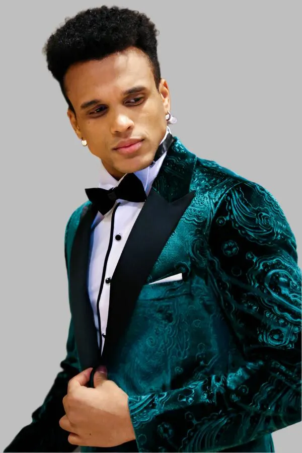 Floral Patterned Velvet Green Men Evening Jacket - Wessi