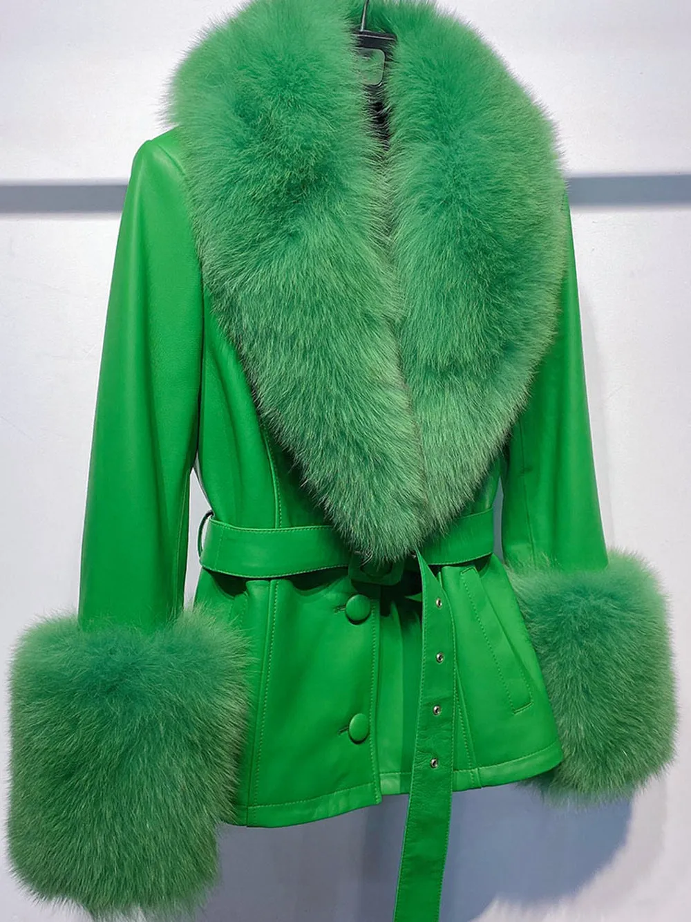 Fur Foxy Leather Short Coat in Green