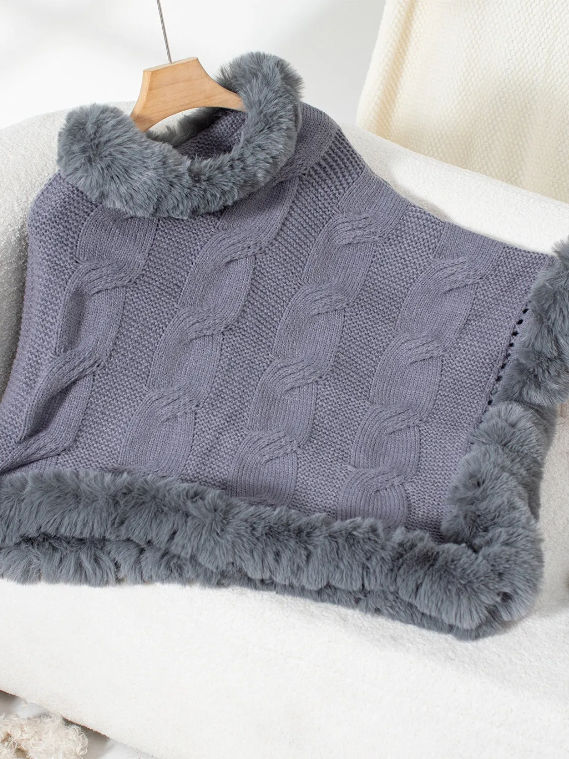 Fuzzy Hem Cable-Knit Poncho