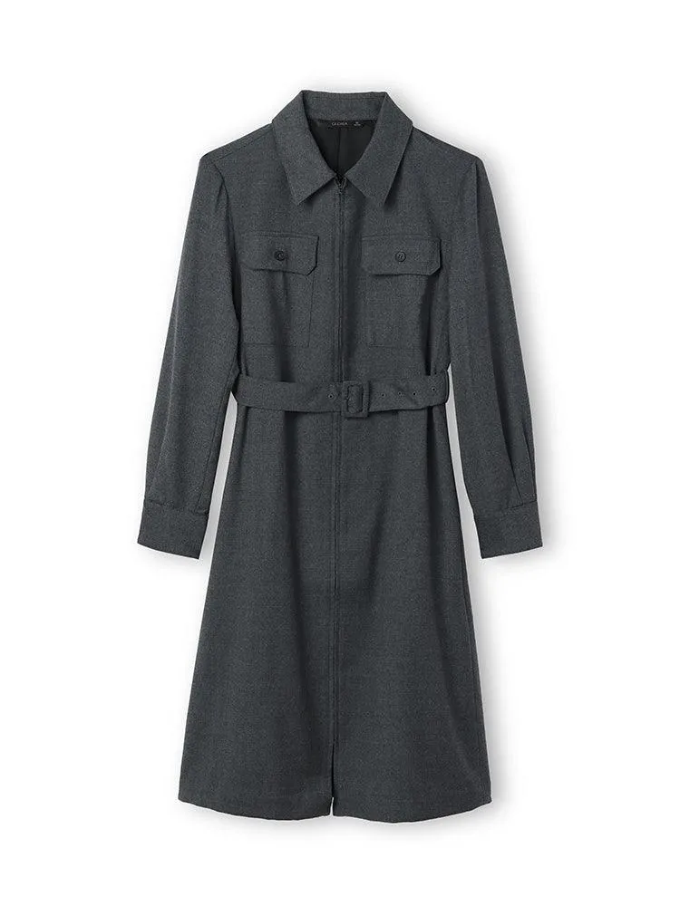 Grey Cashmere Shirt Dress With Belt