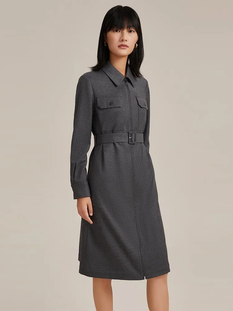 Grey Cashmere Shirt Dress With Belt