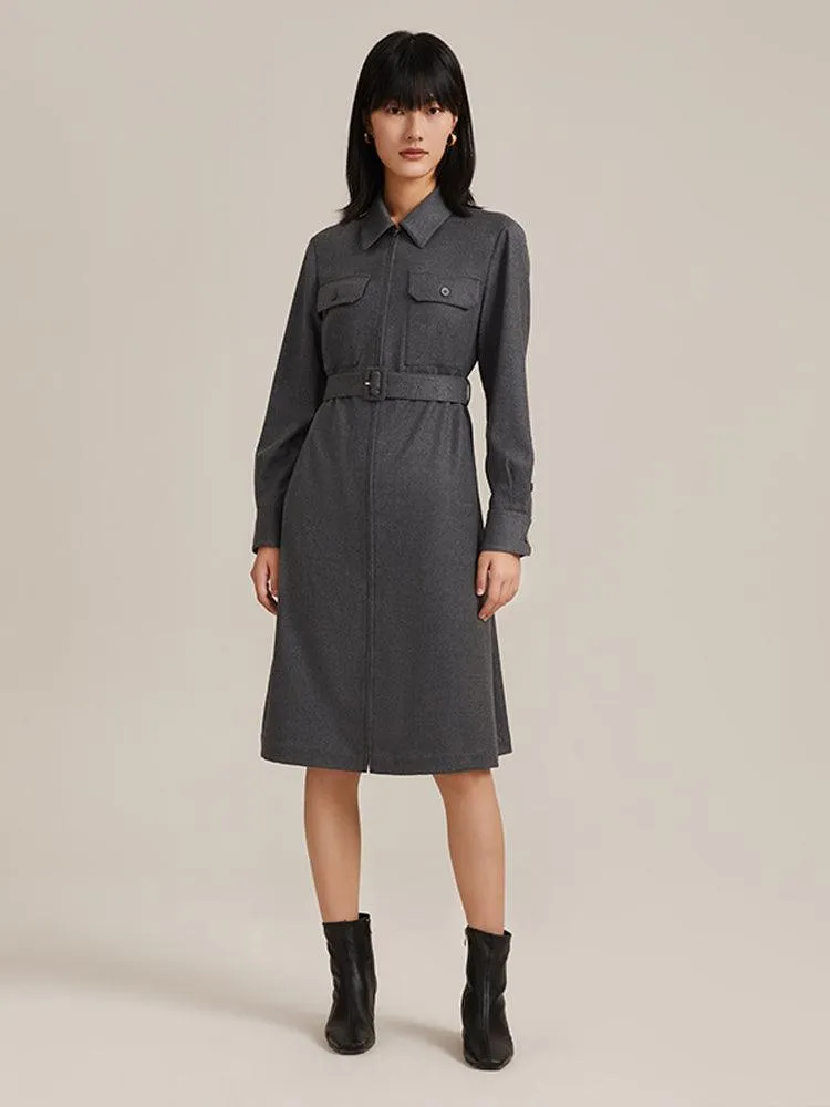 Grey Cashmere Shirt Dress With Belt