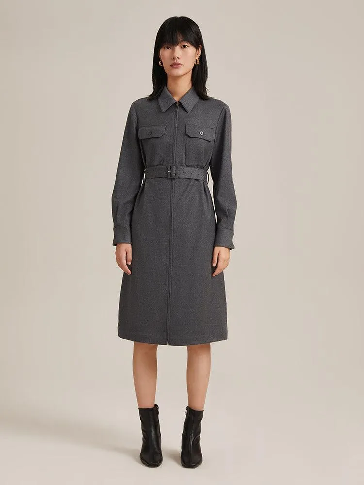 Grey Cashmere Shirt Dress With Belt