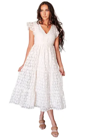 It's Giving Goddess V-Neck Flutter Sleeve Lace Midi Dress