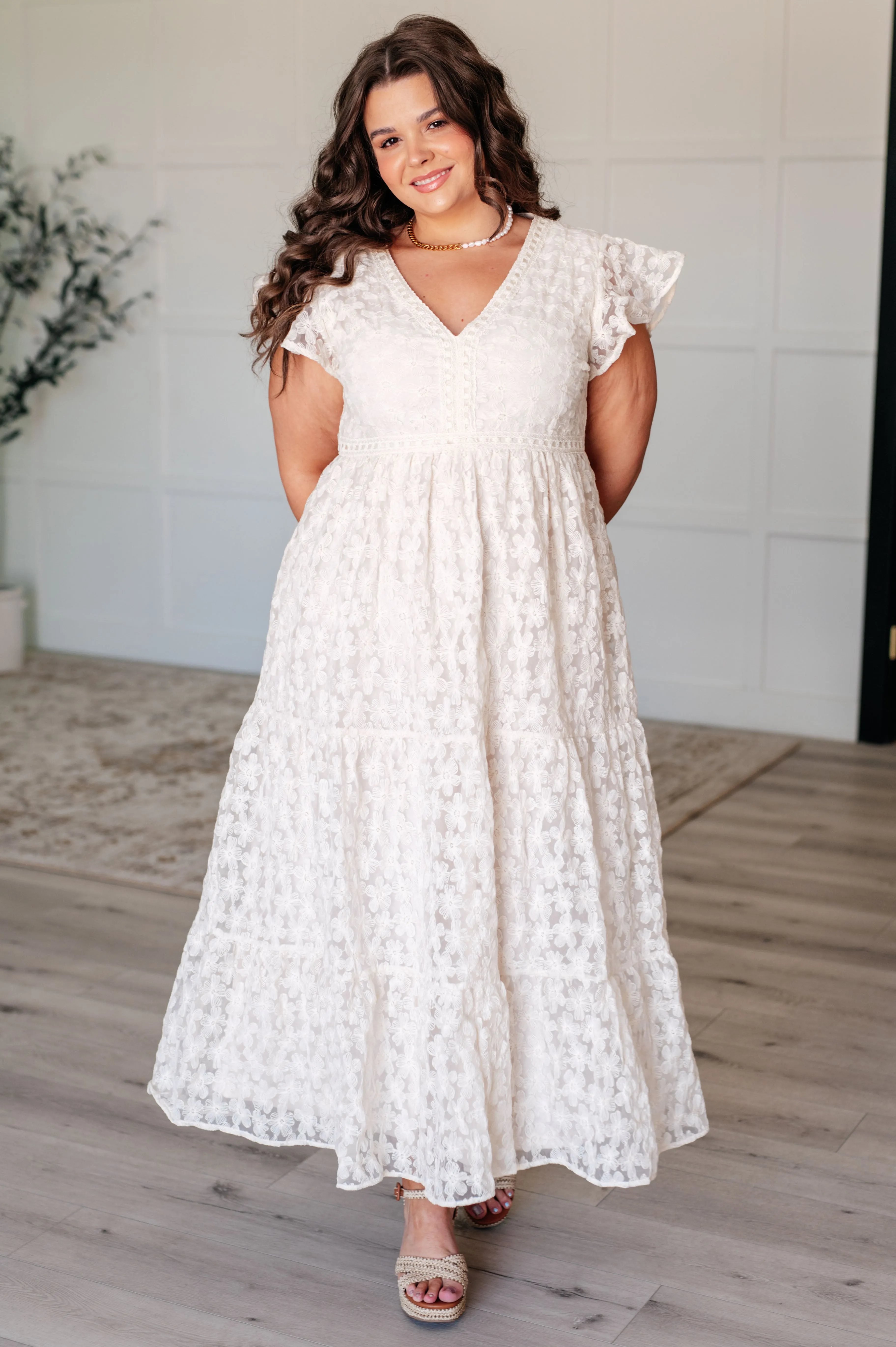 It's Giving Goddess V-Neck Flutter Sleeve Lace Midi Dress