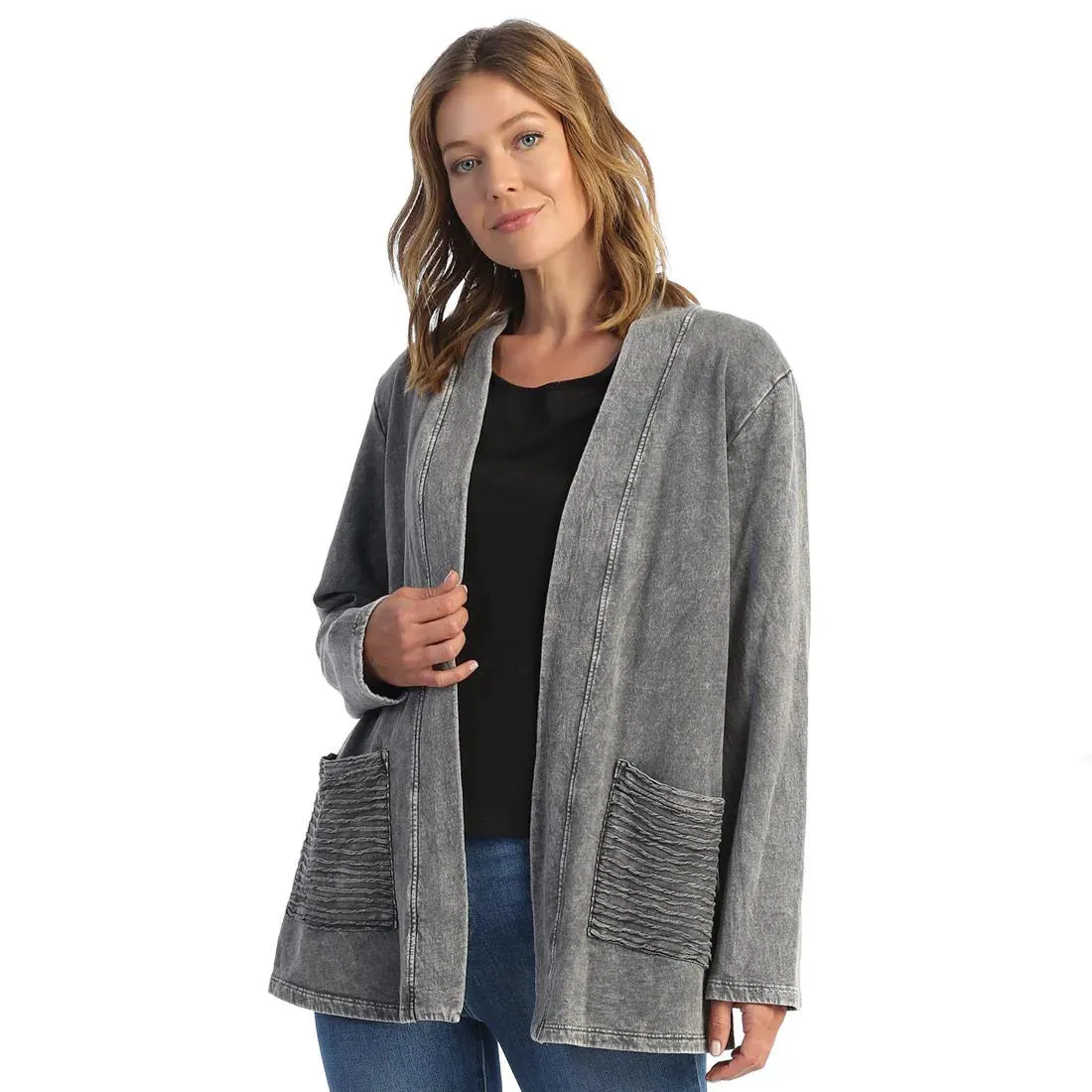 Jess & Jane Mineral Washed Open Cardigan With Contrast Patch Pockets - M90