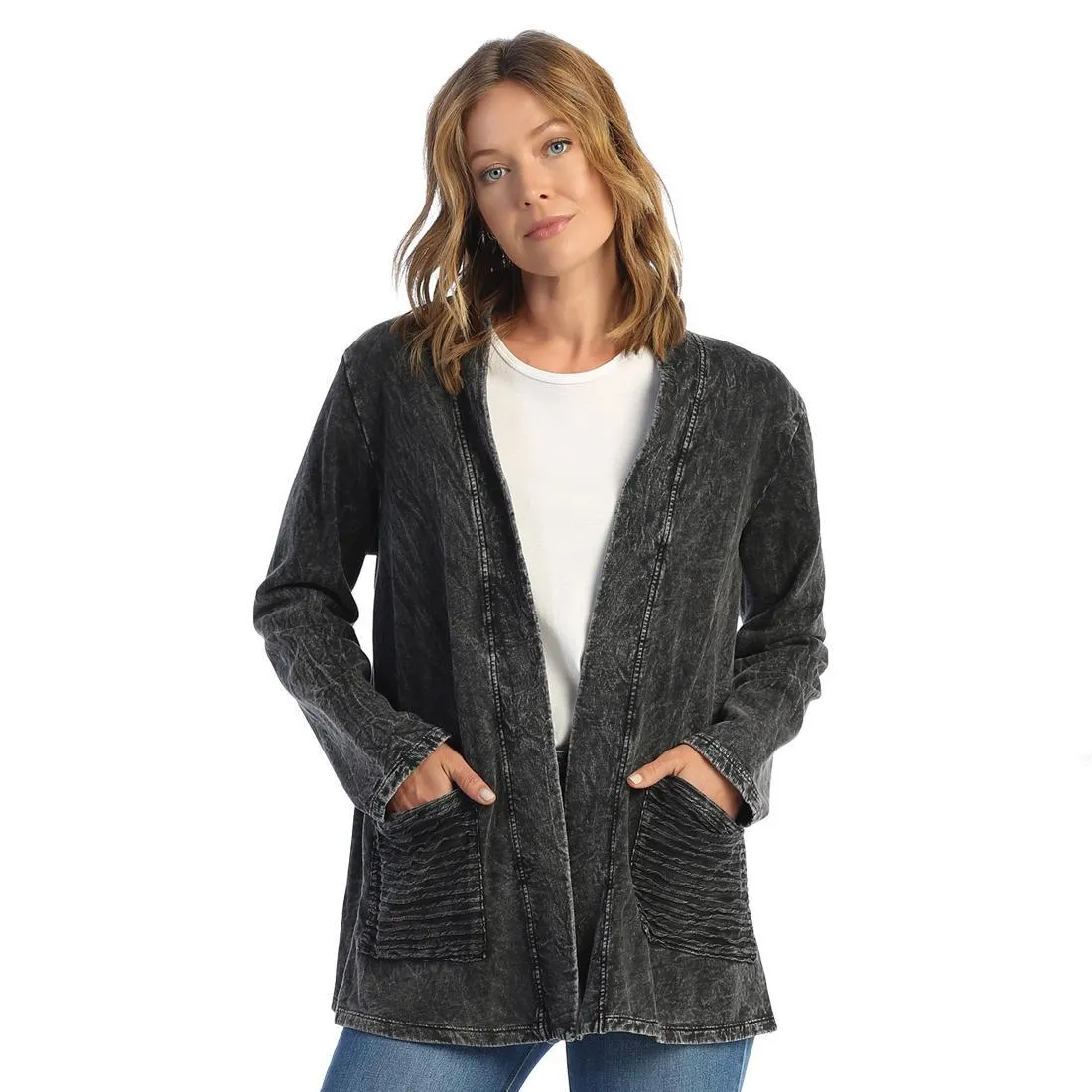 Jess & Jane Mineral Washed Open Cardigan With Contrast Patch Pockets - M90