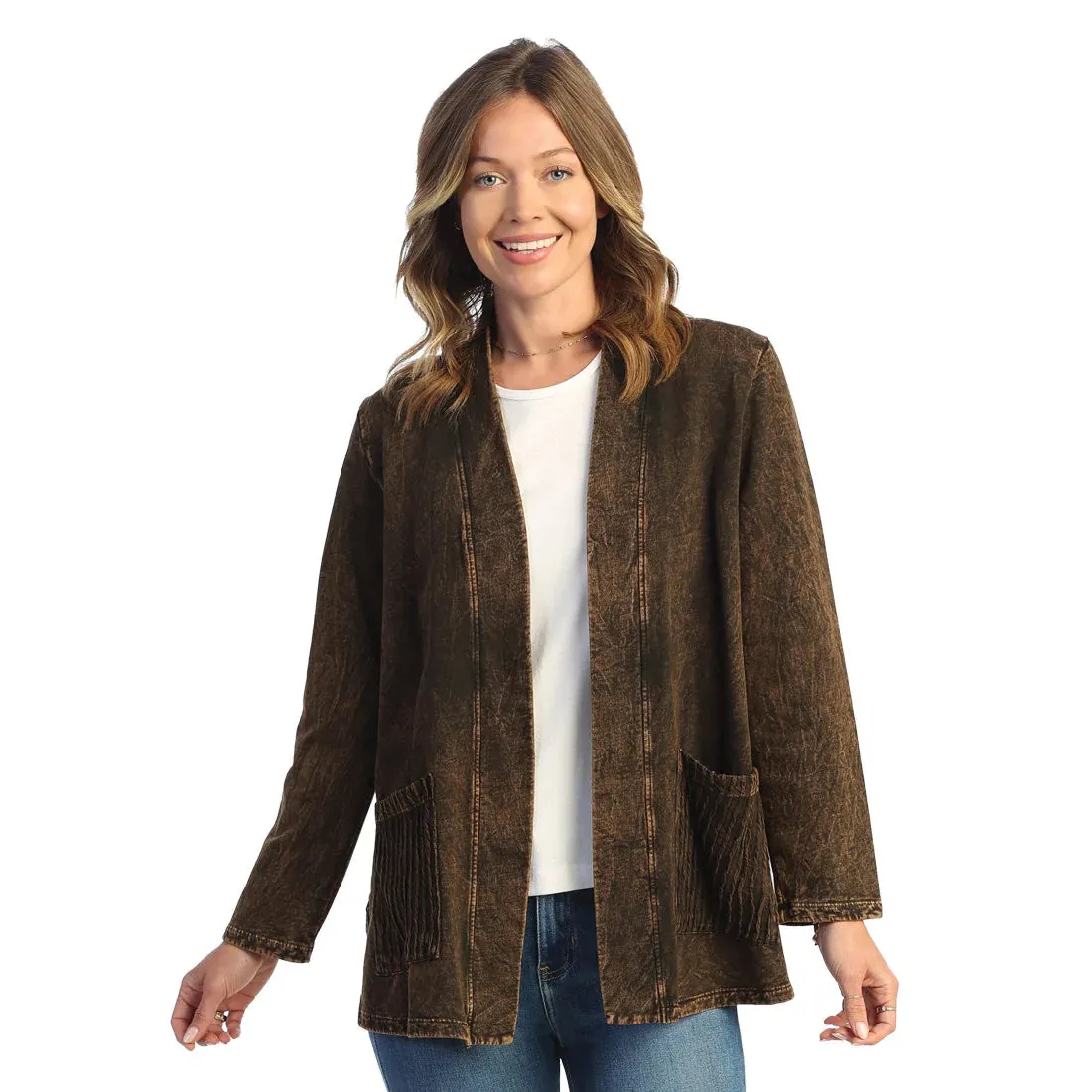 Jess & Jane Mineral Washed Open Cardigan With Contrast Patch Pockets - M90