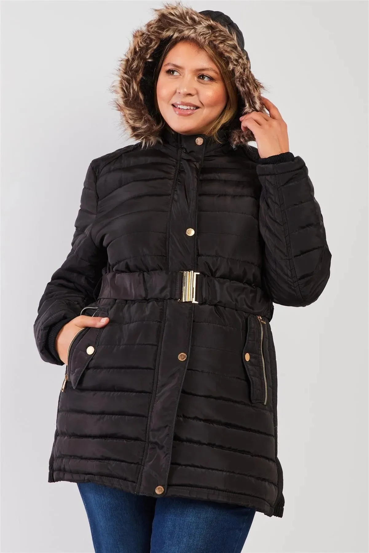 Junior Plus Black Parallel Quilt Faux Fur Hood Belted Padded Long Puffer Jacket /1-3-2