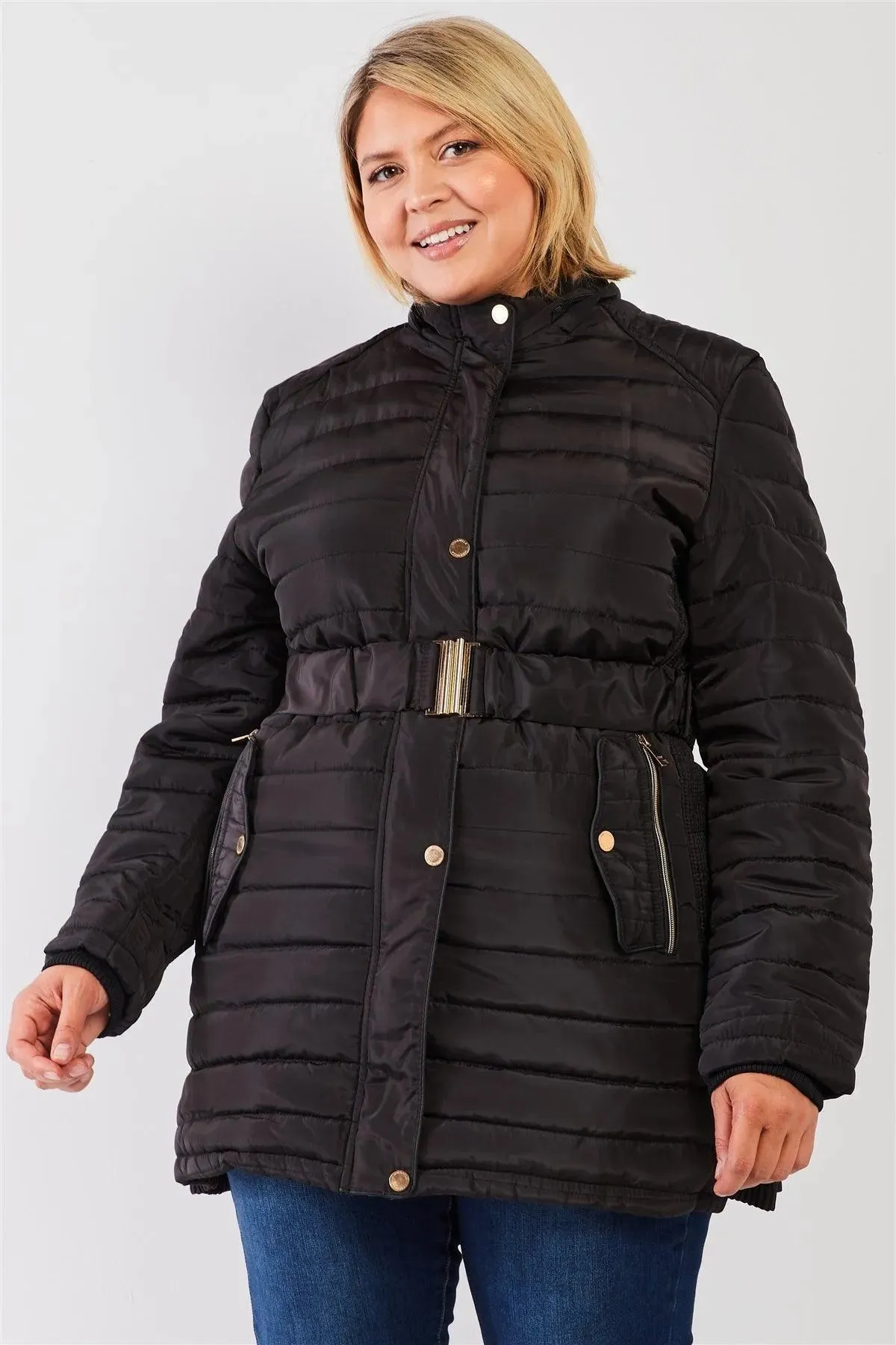 Junior Plus Black Parallel Quilt Faux Fur Hood Belted Padded Long Puffer Jacket /1-3-2