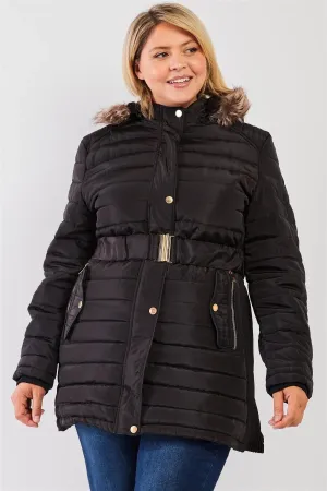 Junior Plus Black Parallel Quilt Faux Fur Hood Belted Padded Long Puffer Jacket /1-3-2